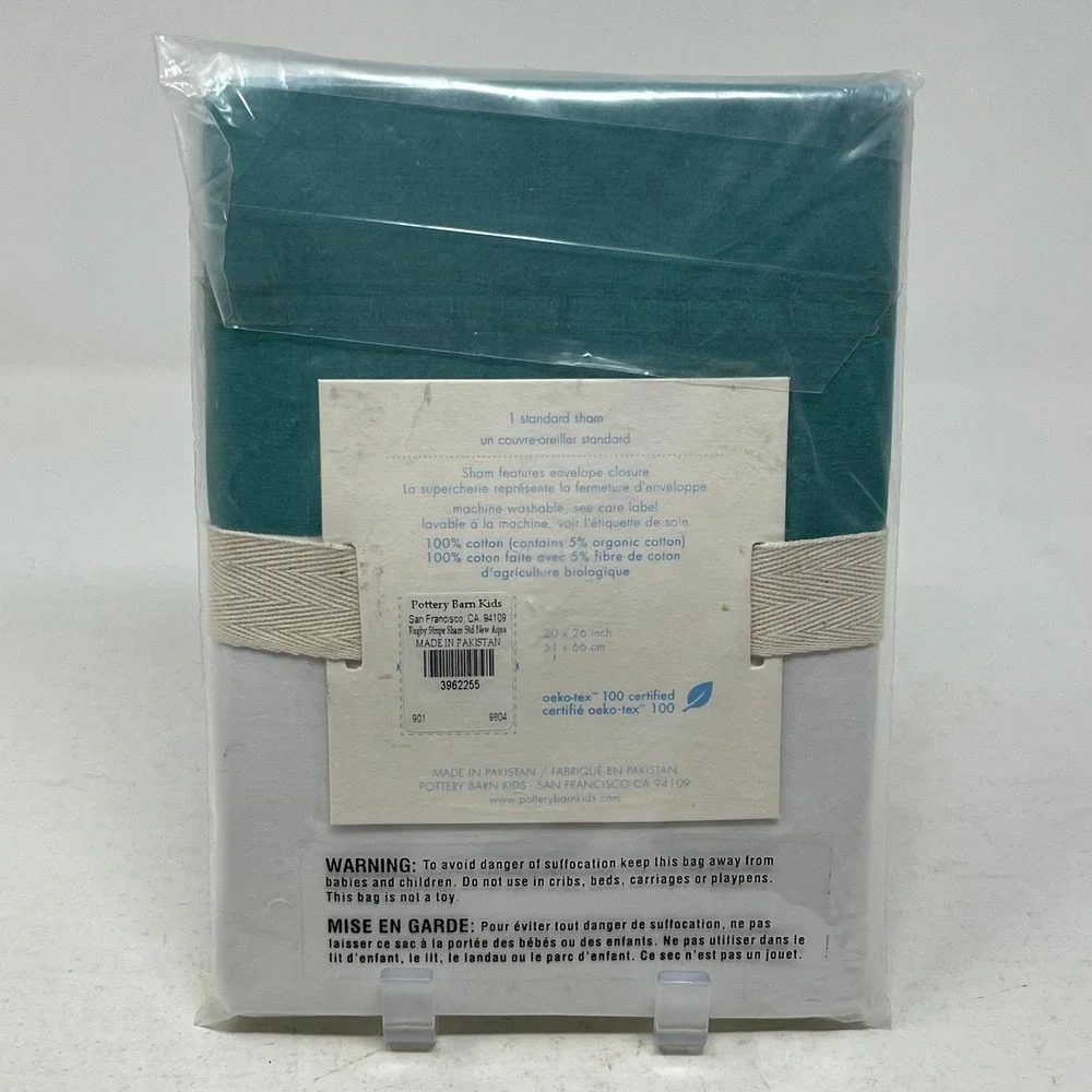 Pottery Barn Kids Rugby Stripe Standard Sham New Aqua Blue White Rayures